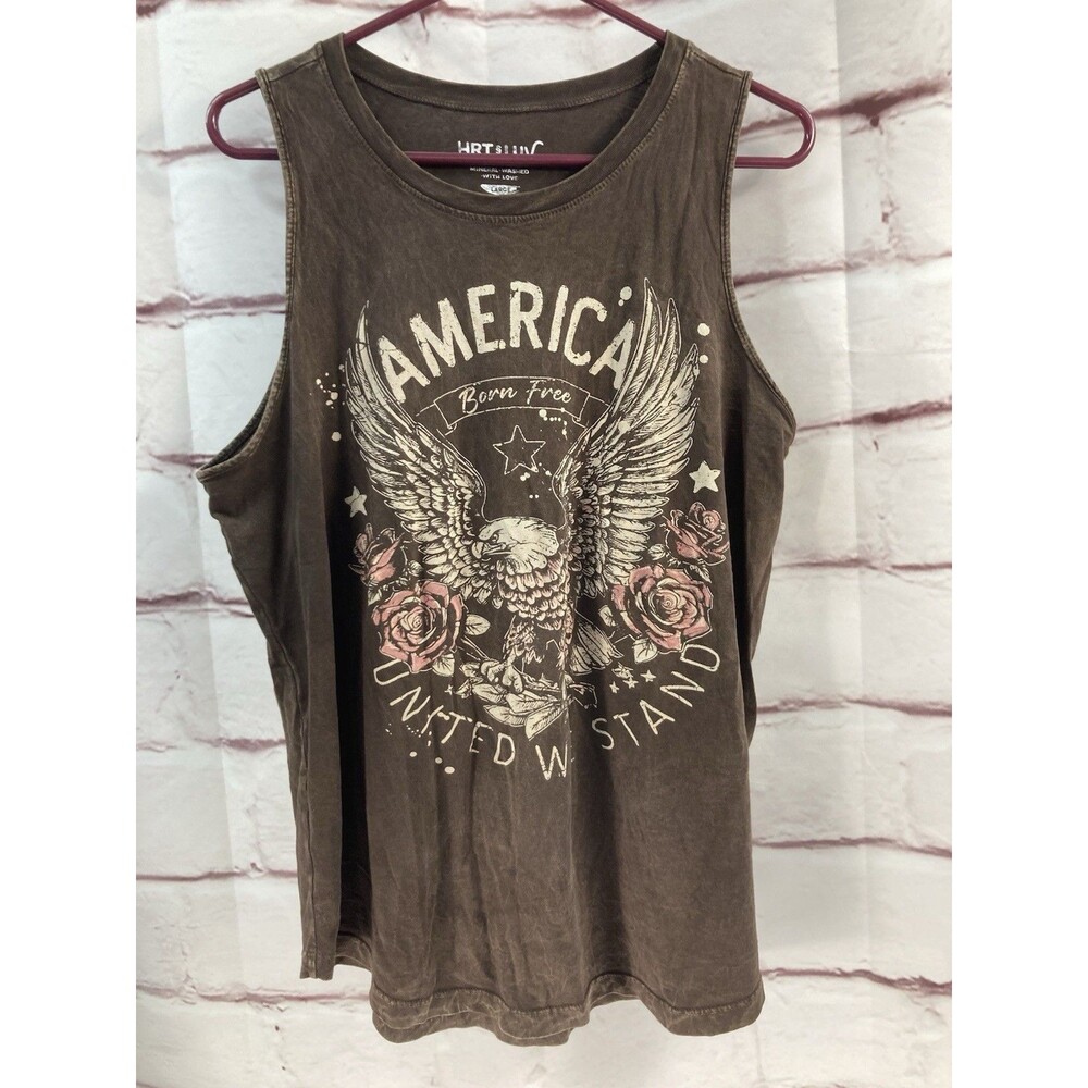 Hrt & Luv America United We Stand Eagle Born Free Tank Top Women SZ L Brown Rose